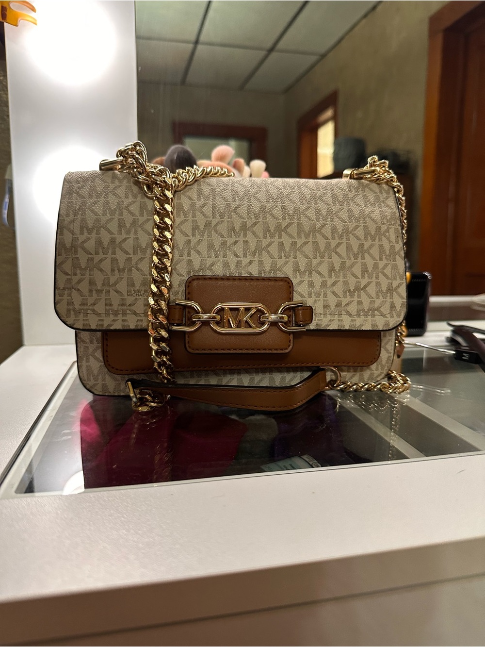 Authentic Michael Kors Beige and Brown MK Chain Shoulder Bag